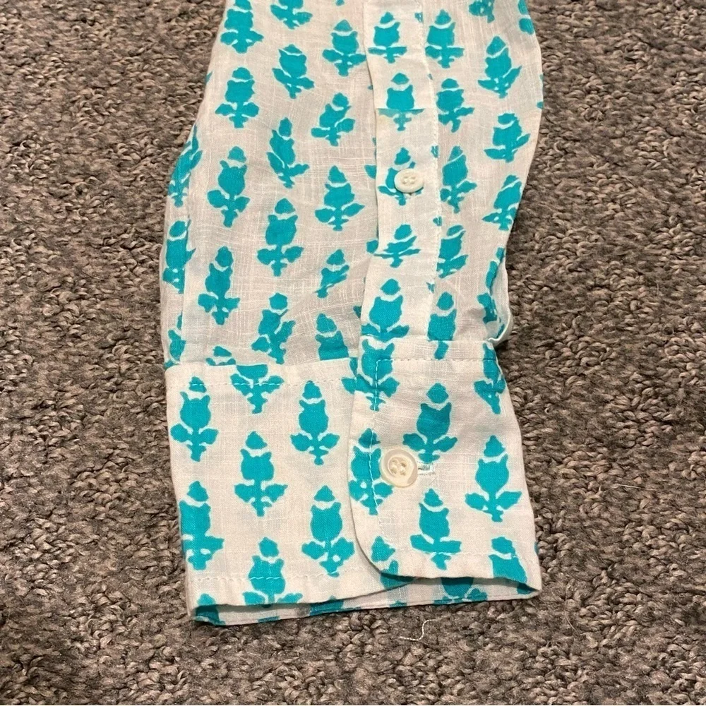 J. Crew White & Turquoise Thistle Print Popover Blouse 16279